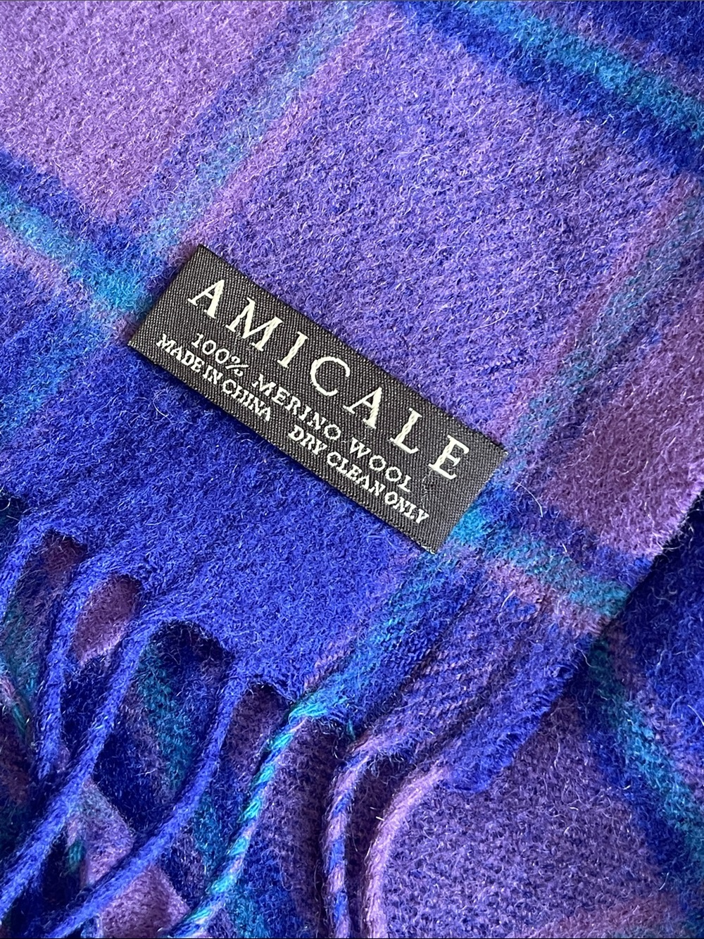 Amicale Cashmere Purple Plaid 100% merino Wool Scarf